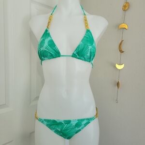 Victoria's Secret Rare Palm Chain Bikini Set XS/S Green & Gold Vintage EUC